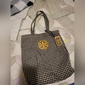 Black and Cream Grid Tote with Yellow Logo Accent